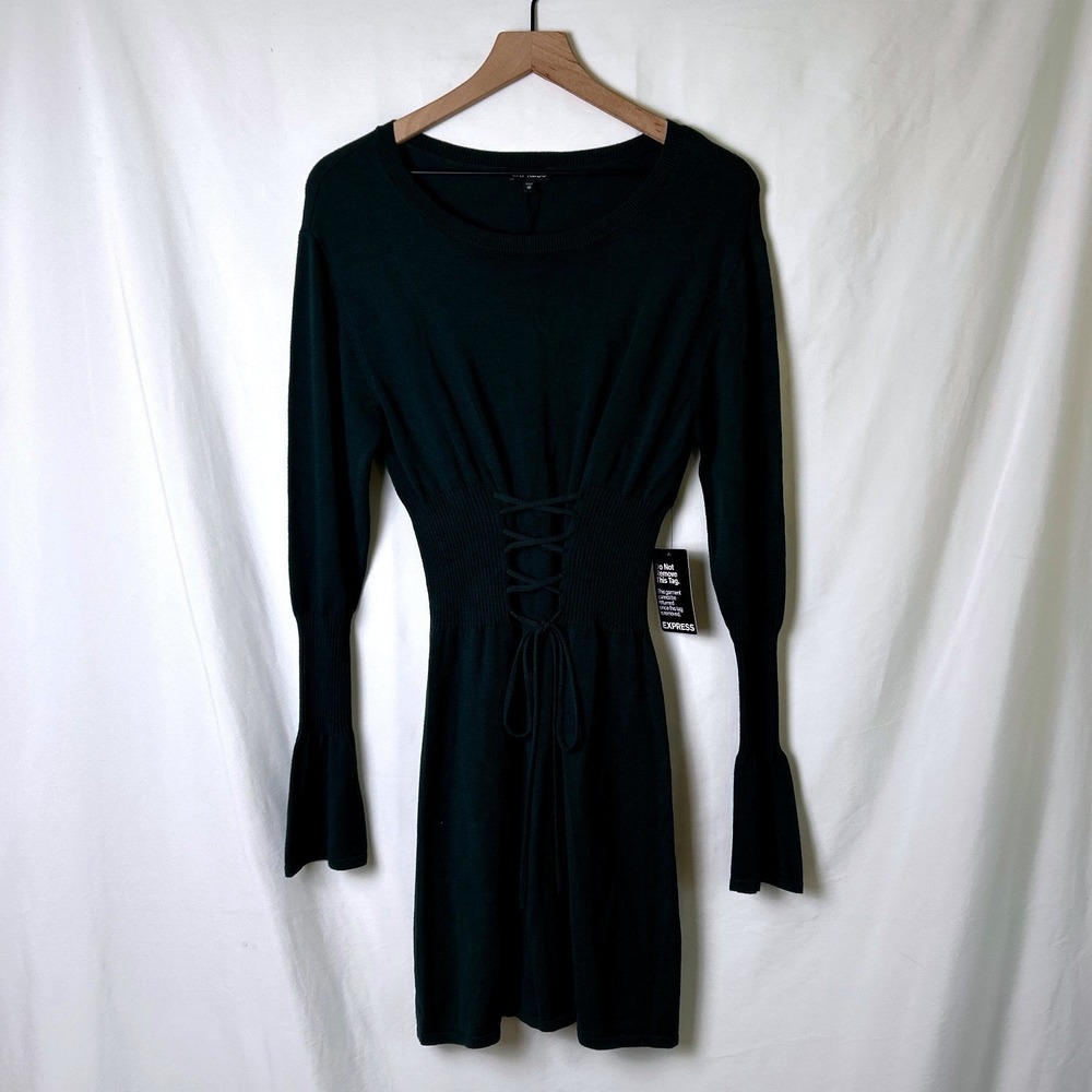 Express Womens Corset Lace Up Long Sleeve Knit Mini Sweater Dress Size XS Green